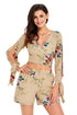 Sexy Apricot Floral Print Split Sleeves Crop Top and Short Set